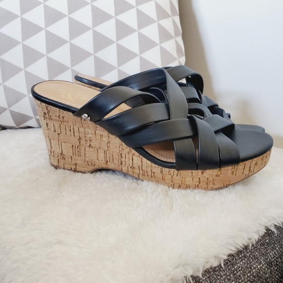 NWT Nordstrom Sam & Libby Black Leather Strappy Wedge Boho Beach Sandals 7 - Picture 2 of 5